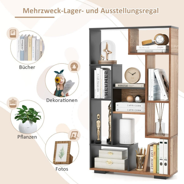120cm Bücherregal mit 9 Fächern, Standregal, Raumteiler, geometrisch, Schwarz und Holz
