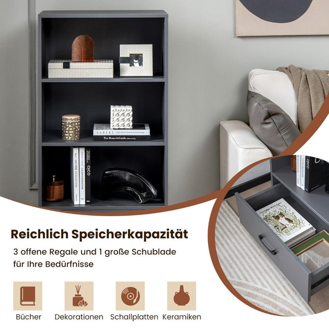 120 cm Bücherregal mit Schubladen 4 Ebenen Holz Lagerregal Standregal 60 x 38 x 120 cm Grau