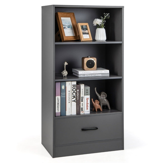 120 cm Bücherregal mit Schubladen 4 Ebenen Holz Lagerregal Standregal 60 x 38 x 120 cm Grau