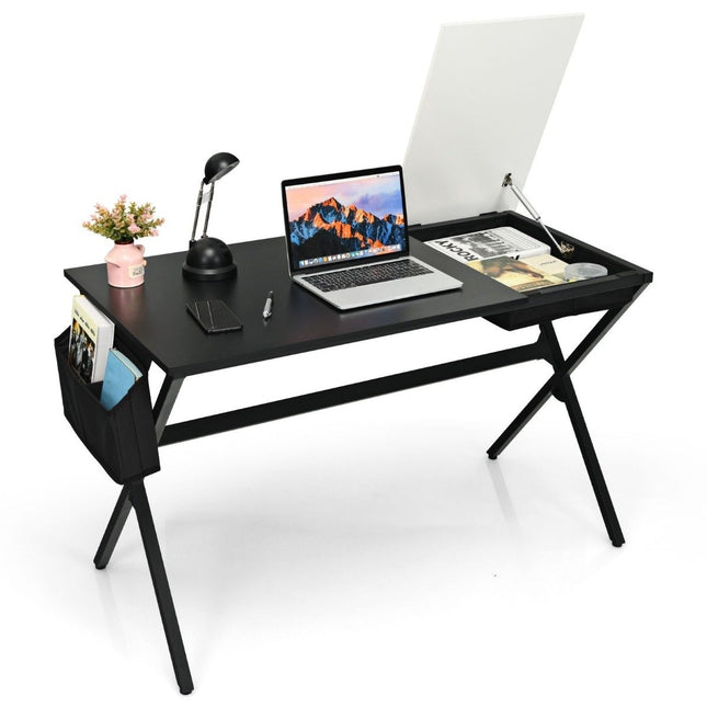 120 cm langer Schreibtisch mit Würfelschublade &amp; Seitentasche Computertisch Schwarz + Weiß