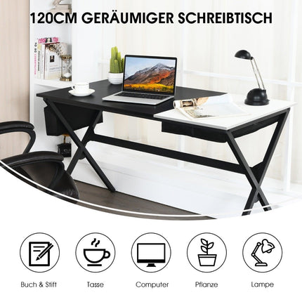 120 cm long desk with cube drawer & side pocket computer desk black + white