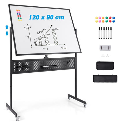 120 x 90 cm Double-Sided Mobile Whiteboard with Pegboard &amp; Roles &amp; Black stand