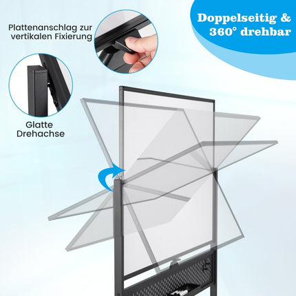 120 x 90 cm Double-Sided Mobile Whiteboard with Pegboard &amp; Roles &amp; Black stand