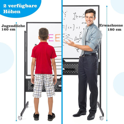 120 x 90 cm Double-Sided Mobile Whiteboard with Pegboard &amp; Roles &amp; Black stand