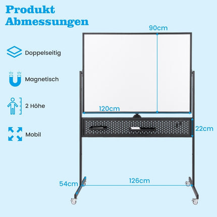 120 x 90 cm Double-Sided Mobile Whiteboard with Pegboard &amp; Roles &amp; Black stand