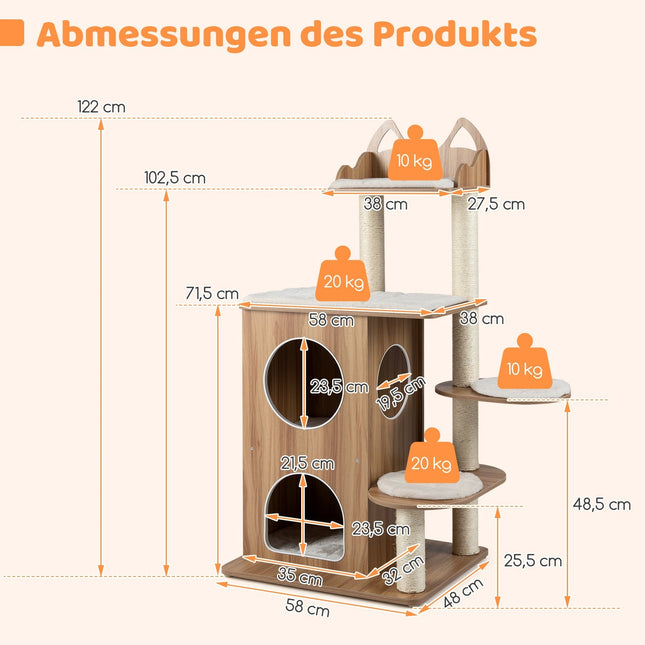 122 cm Katzenbaum mit 2-stöckiger Höhle & Sisalstämmen