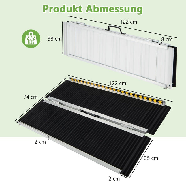 122 x 74 cm Rollstuhlrampe, tragbare &amp; rutschfeste Klapprampe, belastbar bis 272 kg, Aluminium