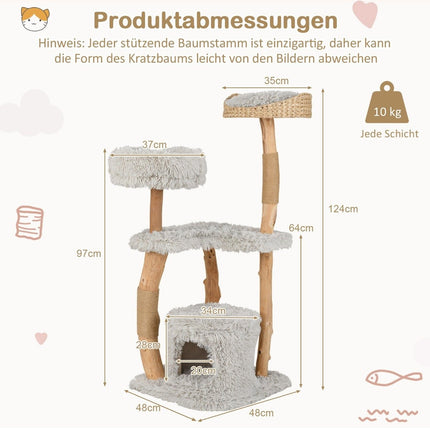 124 cm Cat Tree with Wood Frame, Jute Posts, Plush Seat