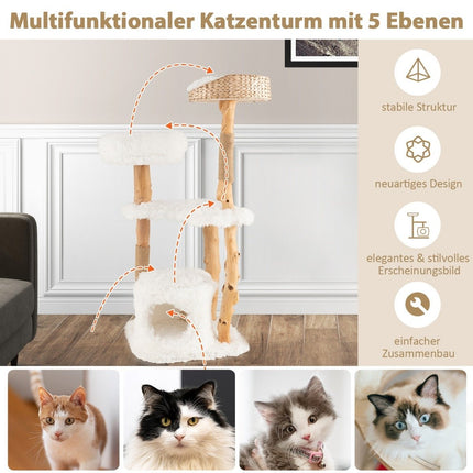 124 cm hoher Katzenkratzbaum aus Holz mit Jutesäulen