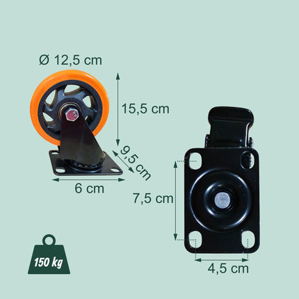 Lenkrollen-Set 125 mm, Stahl & PVC, 150 kg Traglast