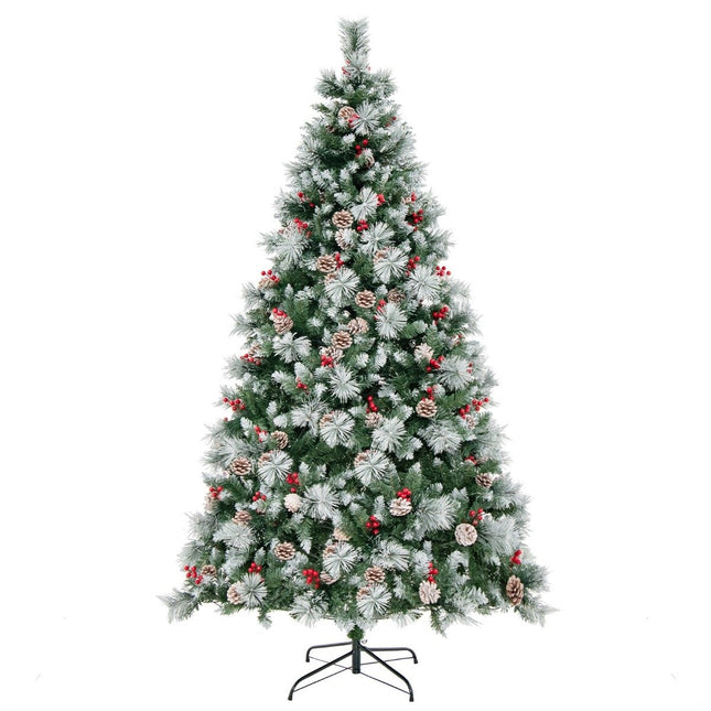 Ø125 x 215 cm Weihnachtsbaum mit LED Lichtern Weihnachtsbaum mit Beeren Grün + Weiß