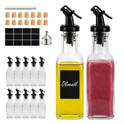 12 Glas-Ölflaschen mit Ausgießer und Etiketten-Set