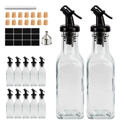 12 Glas-Ölflaschen mit Ausgießer und Etiketten-Set