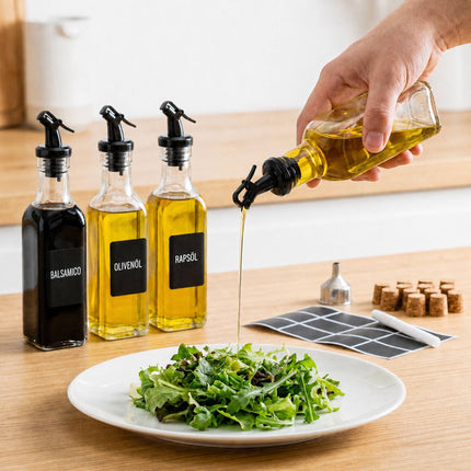 12 Glas-Ölflaschen mit Ausgießer und Etiketten-Set
