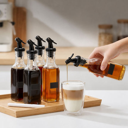 12 Glas-Ölflaschen mit Ausgießer und Etiketten-Set