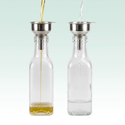12 Glas-Ölflaschen mit Ausgießer und Etiketten-Set