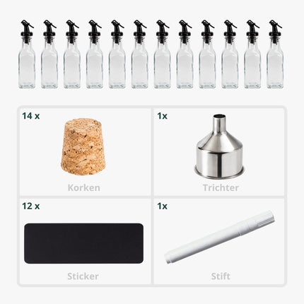 12 Glas-Ölflaschen mit Ausgießer und Etiketten-Set
