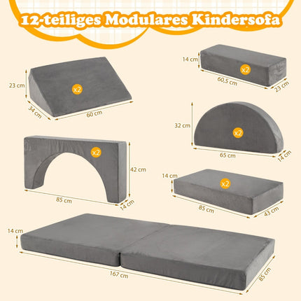 12-Piece Modular Kids Sofa with Washable Covers, Dark Grey