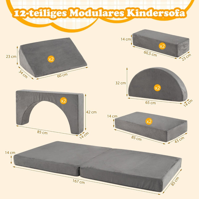 12-teiliges modulares Kindersofa mit waschbaren Bezügen, Dunkelgrau