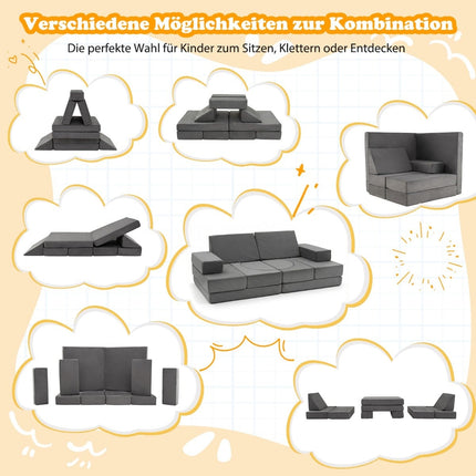 12-Piece Modular Kids Sofa with Washable Covers, Dark Grey