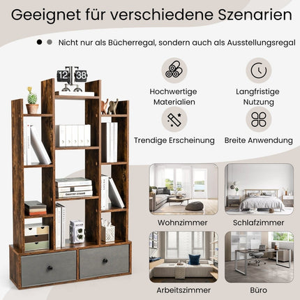 Bücherregal mit 12 Ebenen, offener Rückseite und Schublade, 81 x 24 x 132 cm, Braun