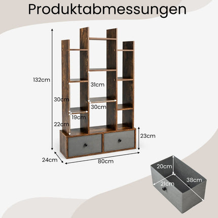 Bücherregal mit 12 Ebenen, offener Rückseite und Schublade, 81 x 24 x 132 cm, Braun