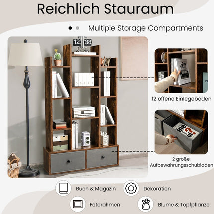 Bücherregal mit 12 Ebenen, offener Rückseite und Schublade, 81 x 24 x 132 cm, Braun