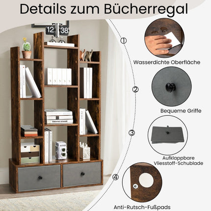 Bücherregal mit 12 Ebenen, offener Rückseite und Schublade, 81 x 24 x 132 cm, Braun