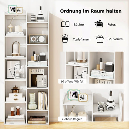 12-Tier Tree Bookshelf with Anti-Tip Safety, White, 65x20x162 cm