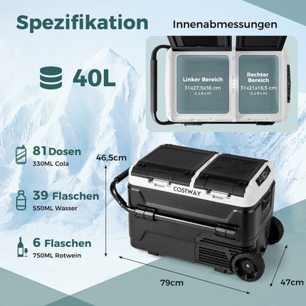 12-V-Autokühlschrank mit 2 Kühlzonen, 40 l, tragbarer Gefrierschrank mit Kompressor (-20 °C ~ 20 °C)