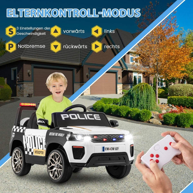 12V Kinder Elektroauto Polizei Elektro Kinderauto mit Fernbedienung Elektroauto für Kinder ab 3 Jahren Weiß