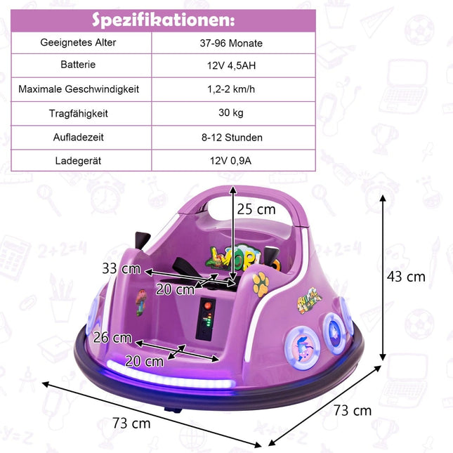 12V Kinder-Bumper-Car, 360-Grad-Drehung, Musik & Fernbedienung, Lila