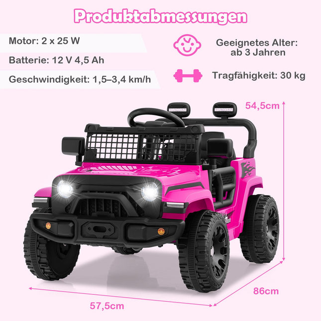 12V Kinder Elektroauto mit Fernbedienung, Musik, LED-Lichtern, Pink