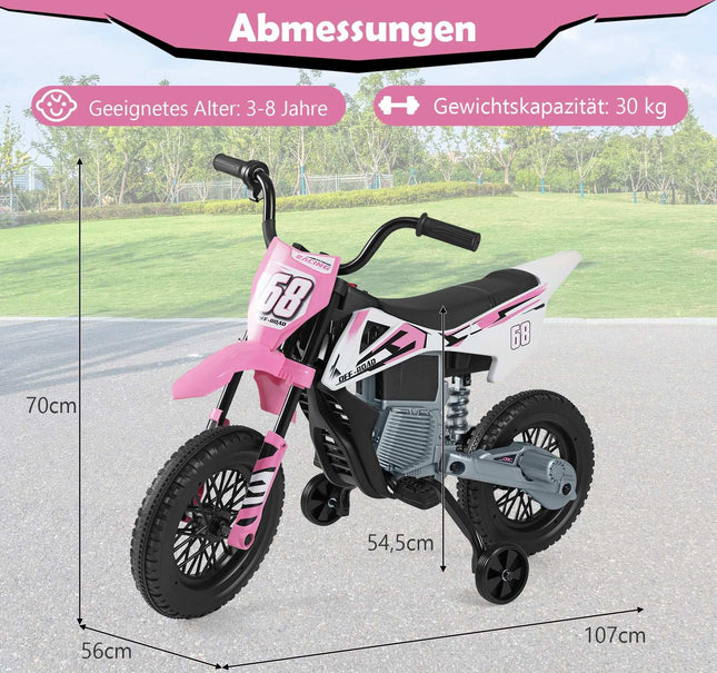 12V Kinder-Elektromotorrad mit Stützrädern, Rosa