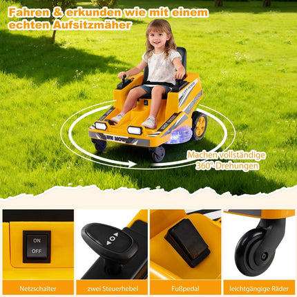 12V Kinder Aufsitzmäher mit 360°-Lenkung und LED-Lichtern