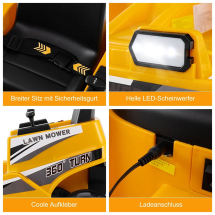 12V Kinder Aufsitzmäher mit 360°-Lenkung und LED-Lichtern