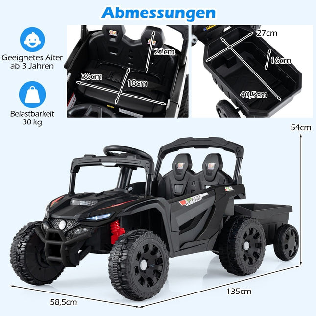 12V Kinder Aufsitz-Traktor mit Fernbedienung & Anhänger, Schwarz