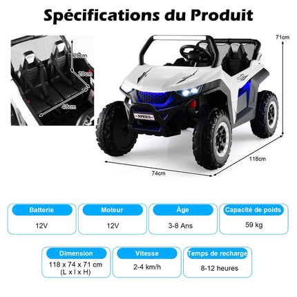 12V Kids Ride-On UTV, Remote Control, 2-Seater, White