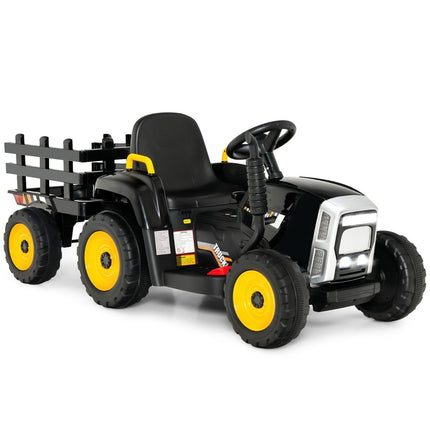 12V Kindertraktor mit abnehmbarem Anhänger und ferngesteuertem Elektro-Spielzeugauto, Schwarz