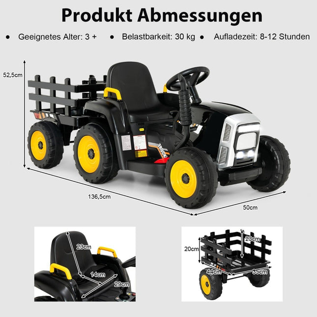 12V Kindertraktor mit abnehmbarem Anhänger und ferngesteuertem Elektro-Spielzeugauto, Schwarz