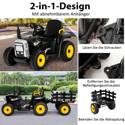 12V Kindertraktor mit abnehmbarem Anhänger und ferngesteuertem Elektro-Spielzeugauto, Schwarz