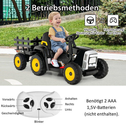 12V Kindertraktor mit abnehmbarem Anhänger und ferngesteuertem Elektro-Spielzeugauto, Schwarz