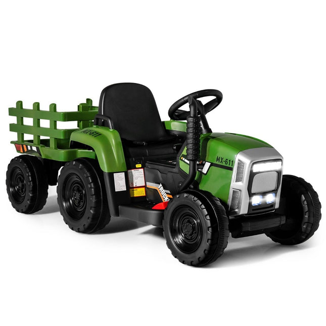12V Kindertraktor mit abnehmbarem Anhänger und ferngesteuertem Elektro-Spielzeugauto, Grün