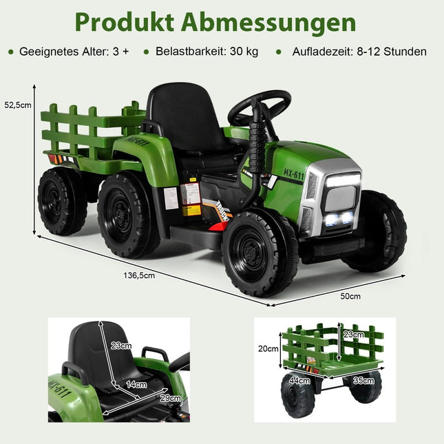 12V Kindertraktor mit abnehmbarem Anhänger und ferngesteuertem Elektro-Spielzeugauto, Grün