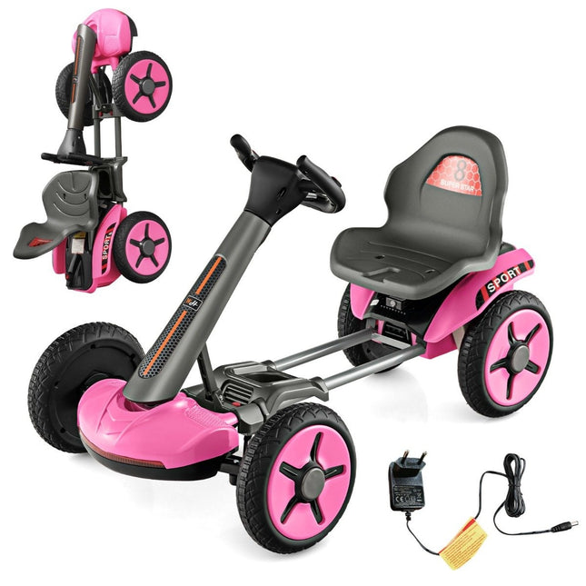 12V Kinder Elektro Go-Kart mit LED &amp; 2-fach verstellbarer Lenkrad- &amp; Sitzbeleuchtung rosa