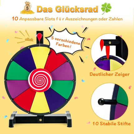12" Glücksrad zum Drehen mit Radiergummi &amp; Markierstift. Glücksrad für Lotteriespiele und Wortspiele