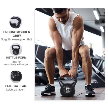 12 kg Sand-gefüllte Kettlebell, Schwarz, Kunststoff, Anfängerfreundlich