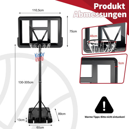 130 - 305 cm Basketballständer mit Netz &amp; 2 Rädern, höhenverstellbar schwarz