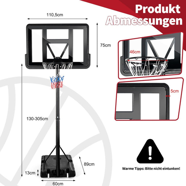 Basketbalstandaard 130 - 305 cm met net & 2 wielen, in hoogte verstelbaar zwart
