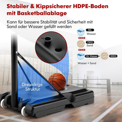 Výškově nastavitelný basketbalový koš se stojanem 130 cm - 305 cm a 2 kolečky, černý